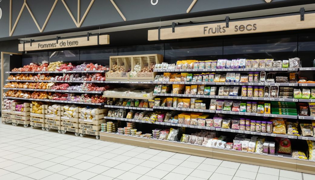 Présentoir magasin pour pommes de terre et fruits secs